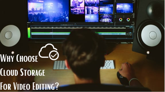 teenager facing a big screen monitor with white keyboard doing cloud storage for video editing