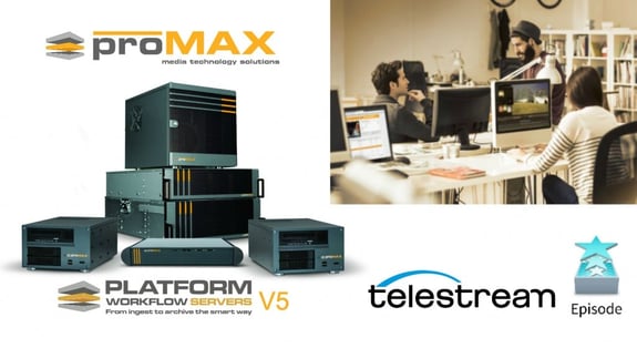 image of promax mediahub in the left and in the right logo of telestream and 3 people in office
